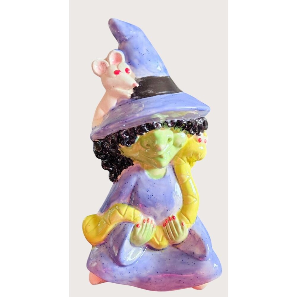 Vintage Hand-Painted Witch Figurine With Snake & Mouse Accents Purple & Green Co